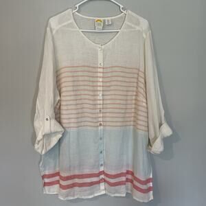 C&C California Blouse Tunic Pastel Stripe Beachy Coastal Linen Tabbed Sleeve 1X